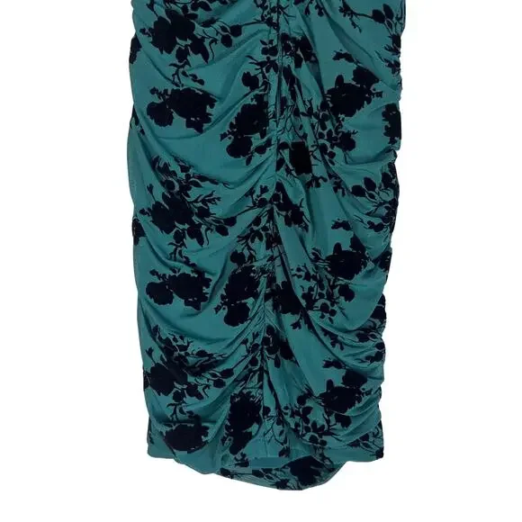 Dear Moon Green Burnout Velvet Floral Ruched Midi Dress Puff Sleeve Goth Holiday - Picture 5 of 7